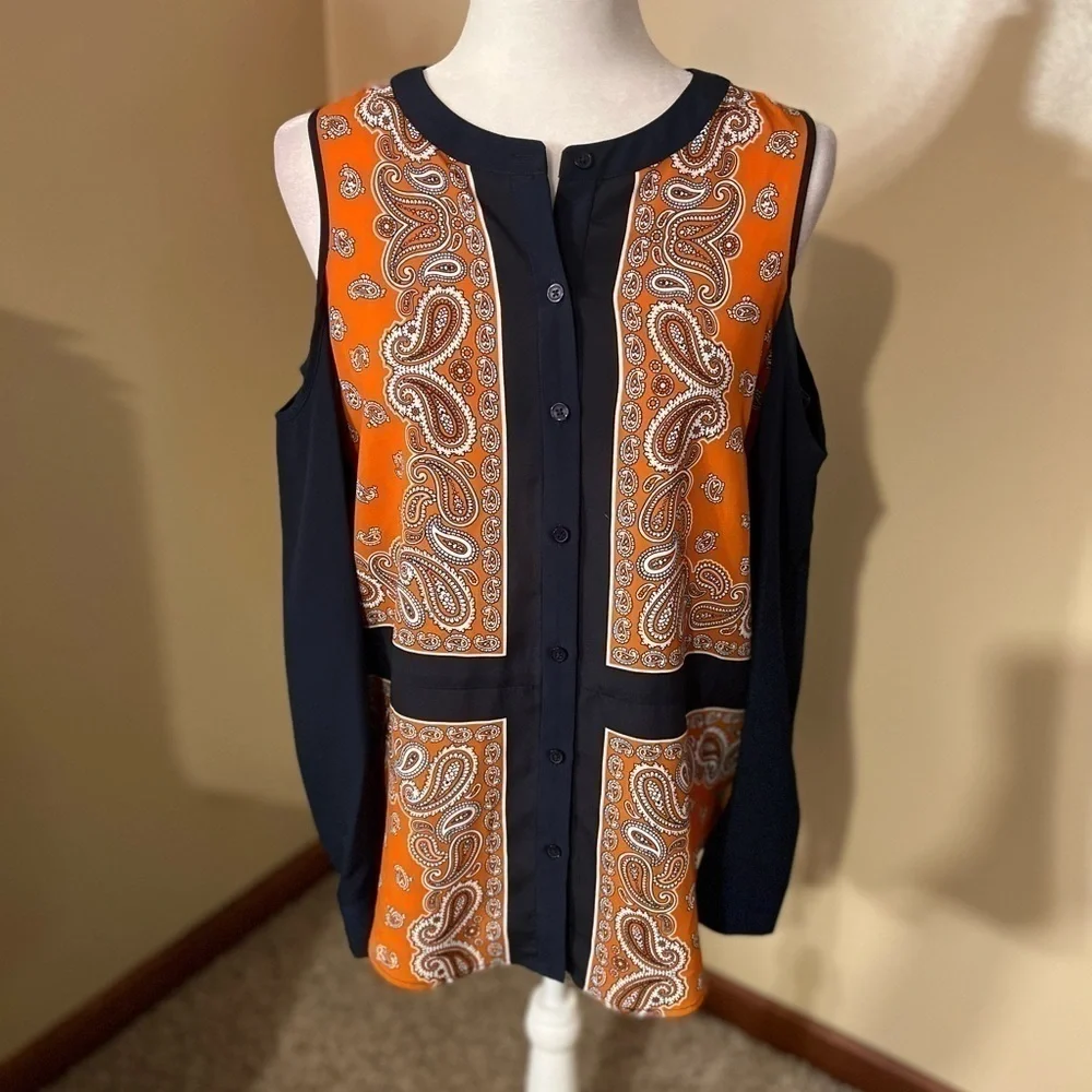 Michael Kors Orange/Navy Paisley Print Cold Shoulder Long Sleeve Blouse Sz S EUC